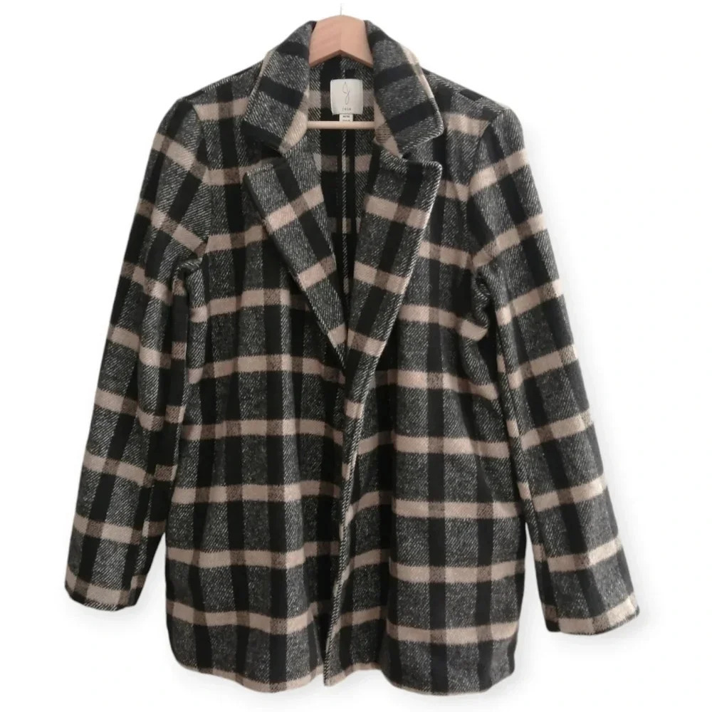 Joie Plaid Wool Blend Open Jacket Black and Tan Heritage Plaid Medium